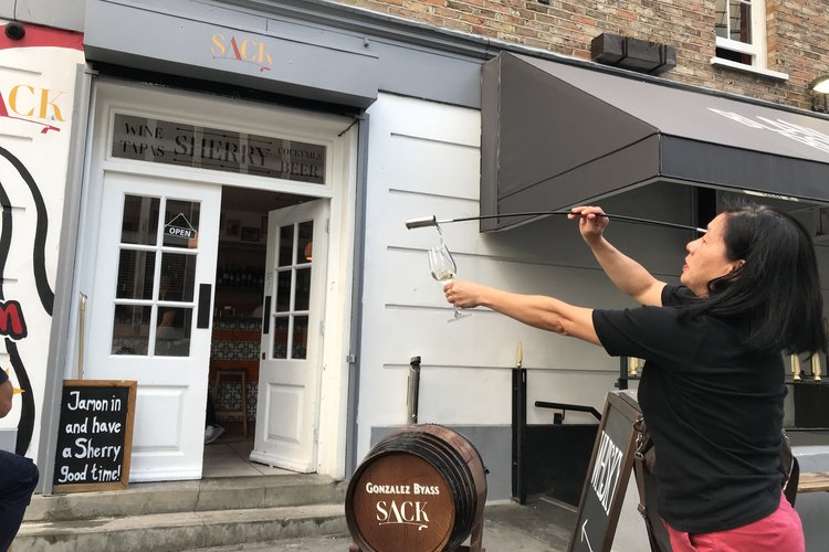 The art of the venenciador at top Sherry bar Sack, London EC1