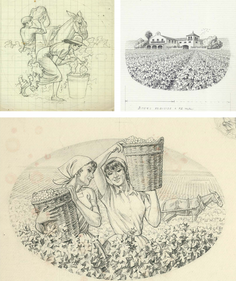 Manuel Valle, bocetos de etiquetas (s/f). Archivo familia Manuel Valle