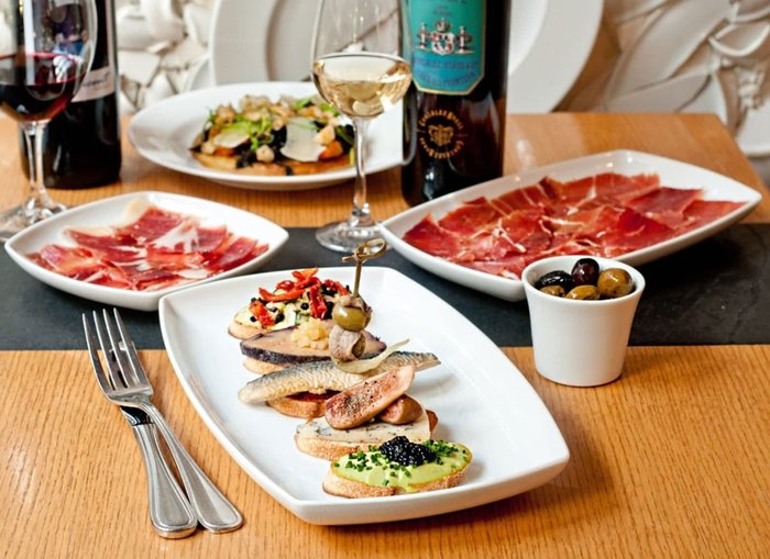 Tapas spread with Fino en Rama