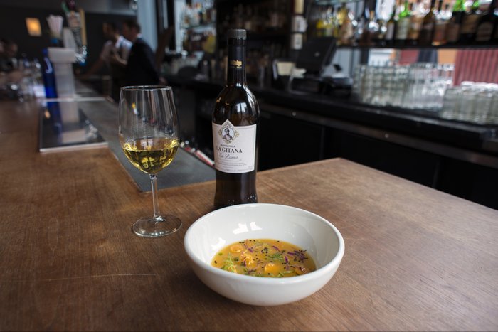 Gooseberry tiradito with Hidalgo La Gitana en Rama Manzanilla