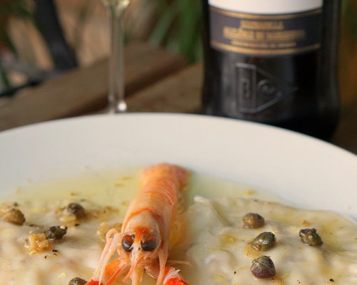Poached Langoustine & Prawn Ravioli with Lemons, Capers & Manzanilla with Manzanilla Solear