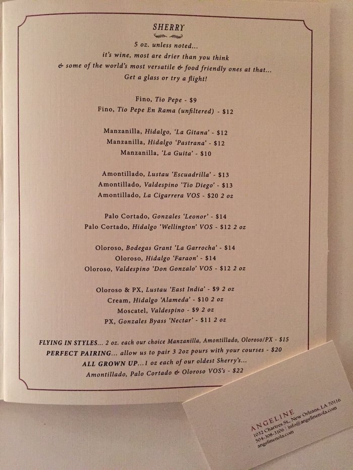 The Sherry list at Angeline