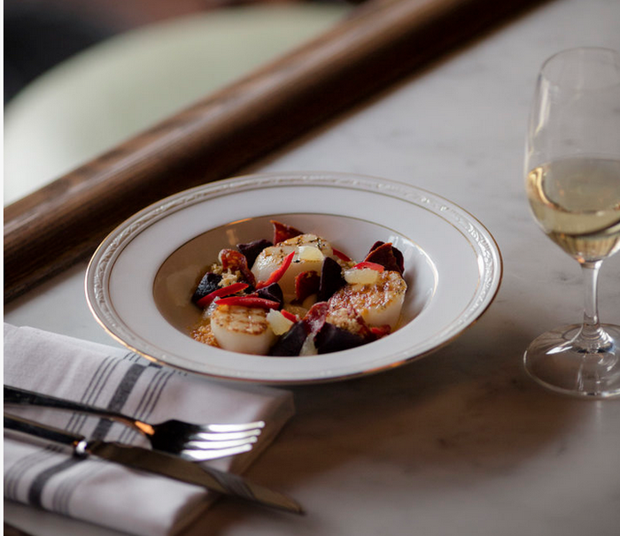 Grilled Scallops with sweet potatoes, chorizo, and Pil Pil