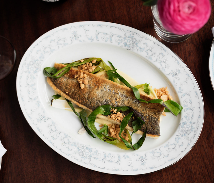 Trout Meuniere with charred spring onions and Meyer lemon mustard