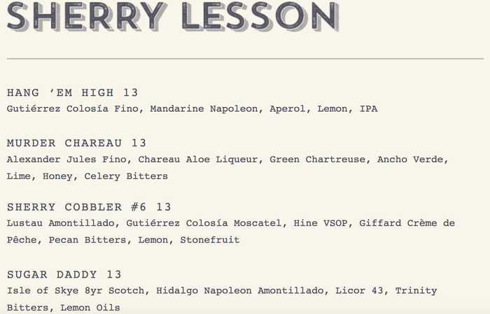 Sherry cocktail menu at Vaca