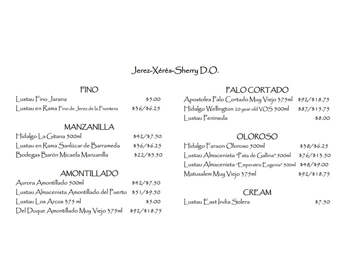 Harvest Vine's Sherry list