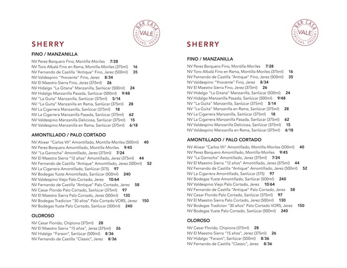 Bar Casa Vale Sherry menu